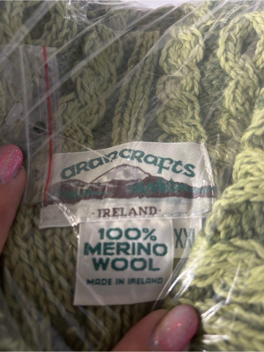 Aran Crafts Light Green Merino Wool Cable Knit Sweater